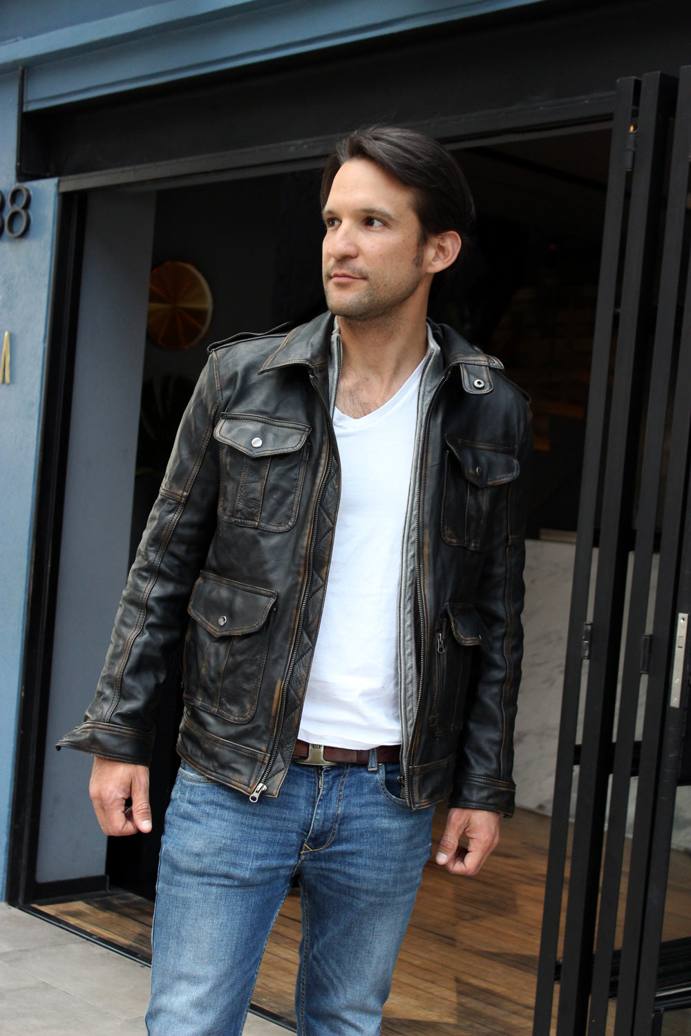 BELLAIR 4 Pocket Leather Jacket in Distressed Black - PDCollection Leatherwear - Online Shop