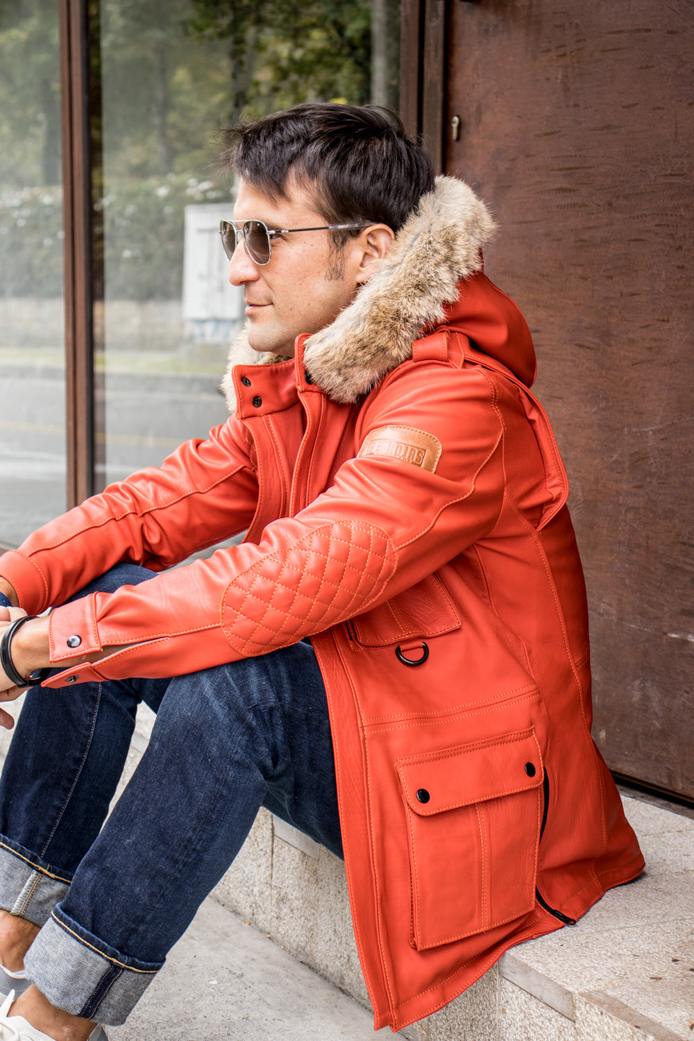 FIELD FR Leather Jacket in Calfskin - Orange LIMITED ED. - Mid-Length