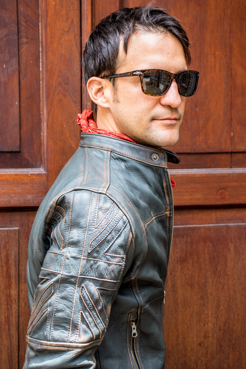 UNION JACK Leather Jacket in Distressed Green British Flag Cafe Racer- Limited Ed