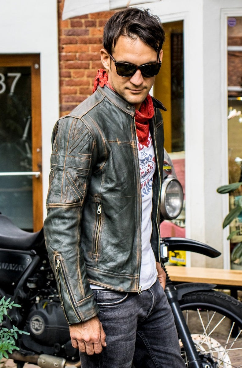 UNION JACK Leather Jacket in Distressed Green British Flag Cafe Racer ...