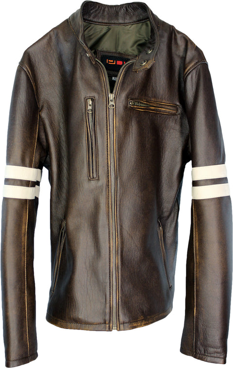 MUSTANG Leather Jacket Distressed Brown - Cafe Racer Stripes - PDCollection Leatherwear - Online Shop