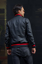 LUXUS II Bomber Jacket in Perforated Leather Black - Red Stripe