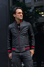 LUXUS II Bomber Jacket in Perforated Leather Black - Red Stripe