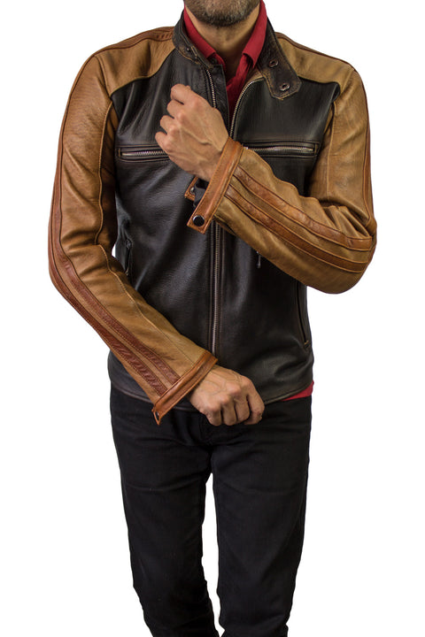 CARRERA Leather Jacket Cafe Racer Stripes Motosport  - Brown - PDCollection Leatherwear - Online Shop