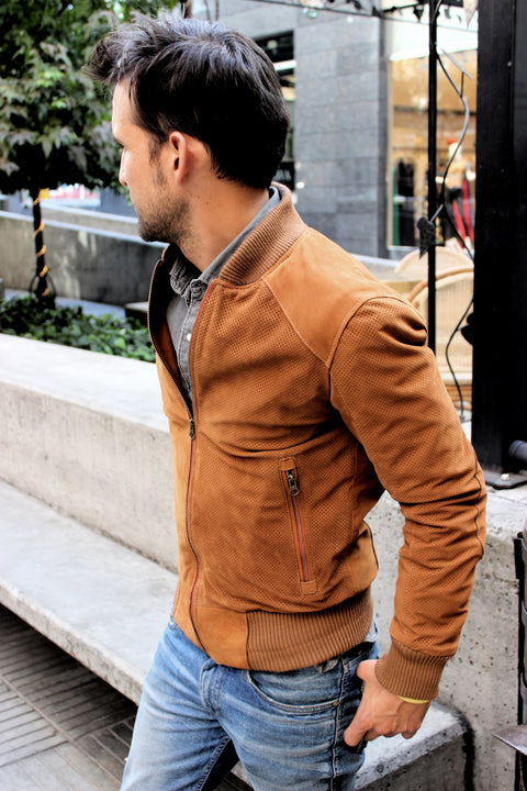 ITALO Bomber Jacket in Perforated Suede - Camel - - PDCollection Leatherwear - Online Shop