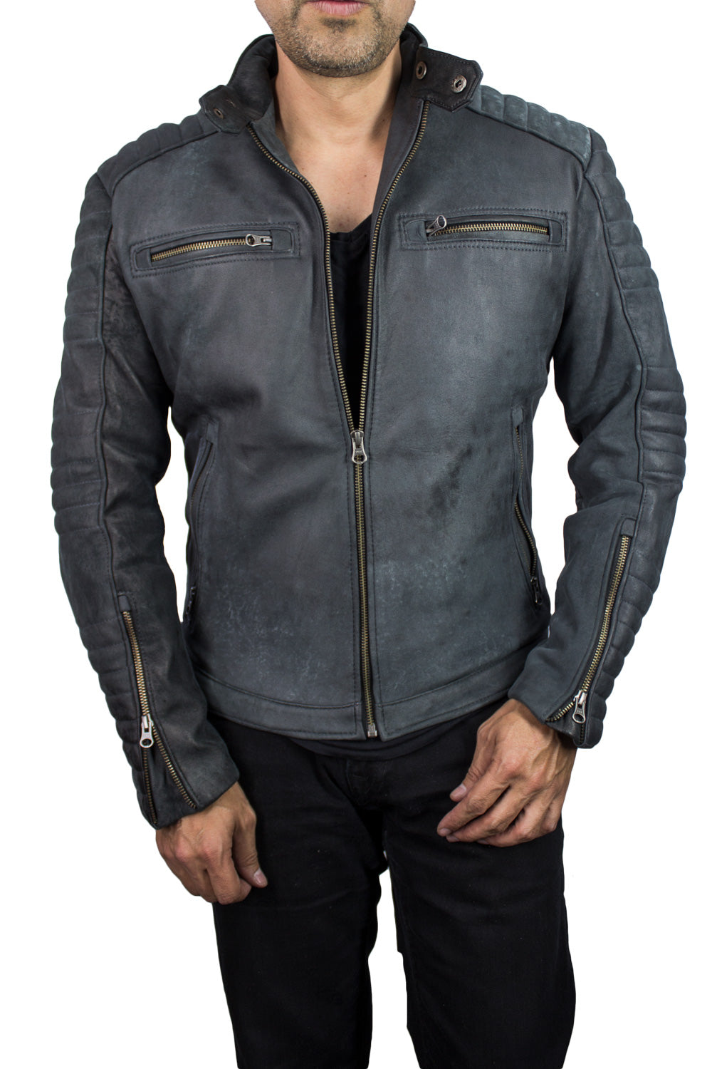 R100 Leather Jacket Cafe Racer Lamb Antique Distressed Gray - PDCollection Leatherwear - Online Shop