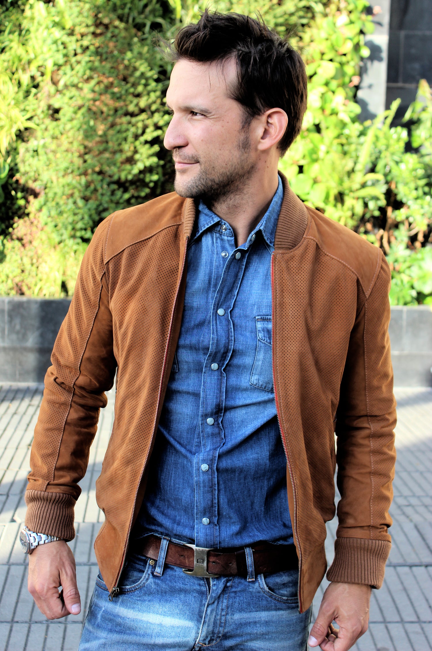 ITALO Bomber Jacket in Perforated Suede - Camel - - PDCollection Leatherwear - Online Shop