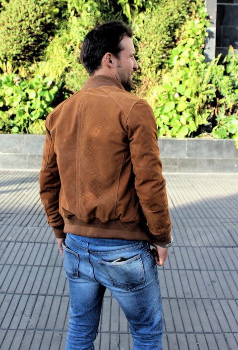 ITALO Bomber Jacket in Perforated Suede - Camel - - PDCollection Leatherwear - Online Shop