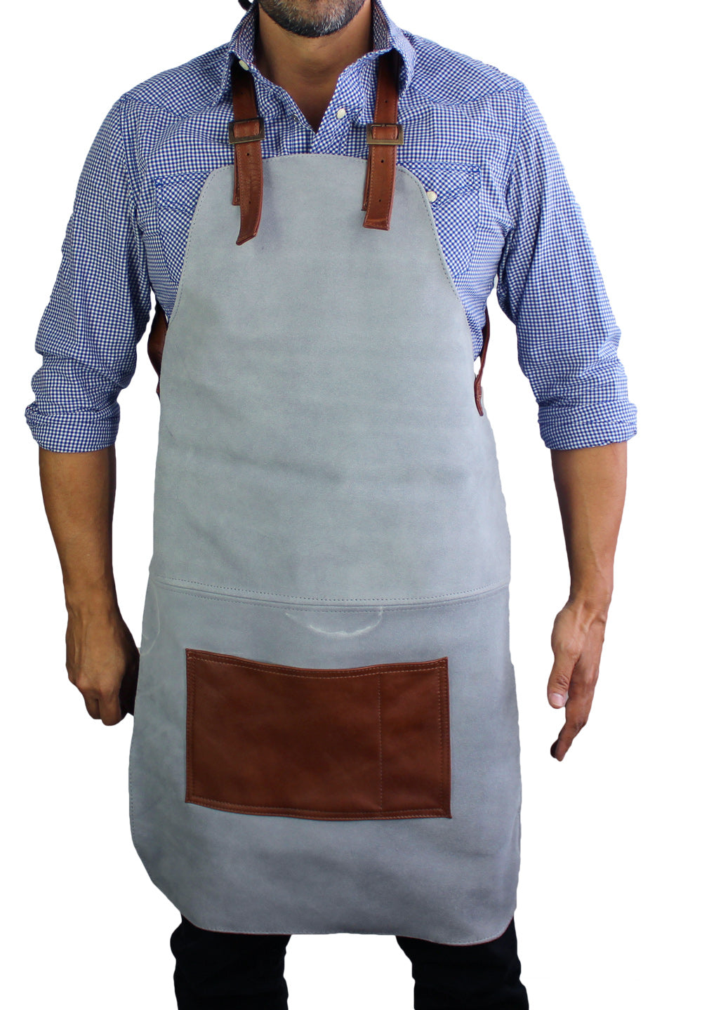 Wok Thick Suede Apron with Leather Straps - Light Gray and Brown - PDCollection Leatherwear - Online Shop