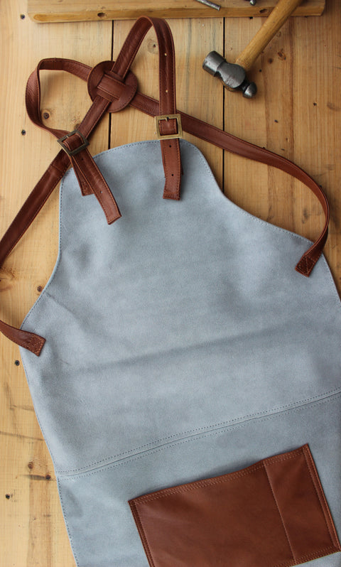 Wok Thick Suede Apron with Leather Straps - Light Gray and Brown - PDCollection Leatherwear - Online Shop