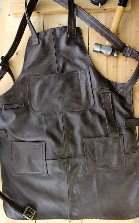 MULTIPOCKETS Leather Apron Brown - High Protection - Custom-Made Name Initials - PDCollection Leatherwear - Online Shop