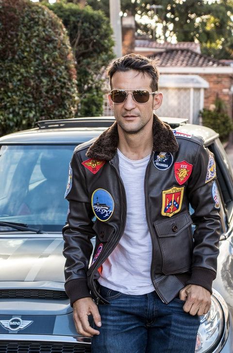 MAVERICK Pilot Leather Jacket Shearling Brown - TOP GUN Movie Inspired