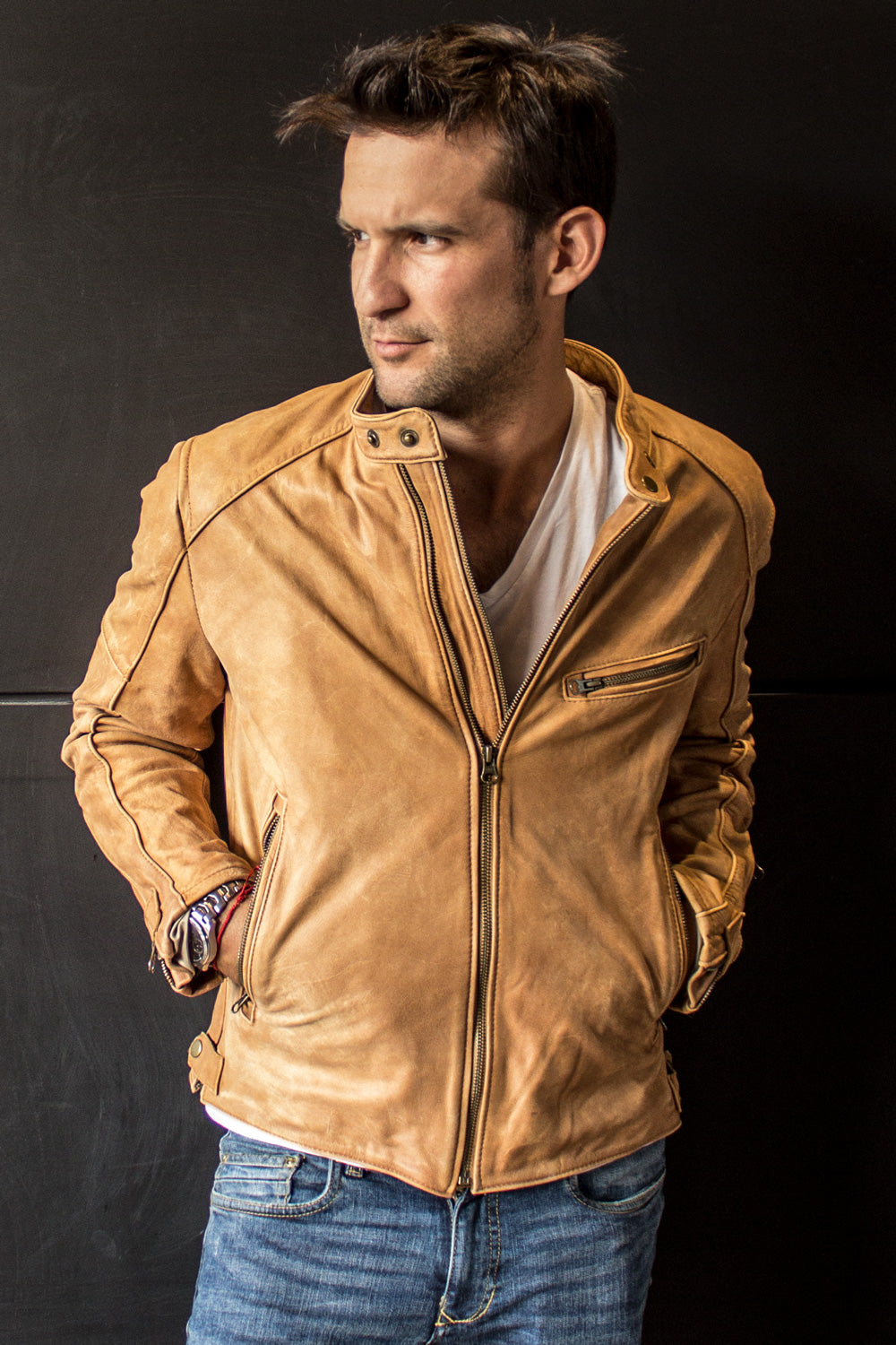 R79 SOL Leather Jacket Pre-Washed tan Leather  - Cafe Racer - PDCollection Leatherwear - Online Shop