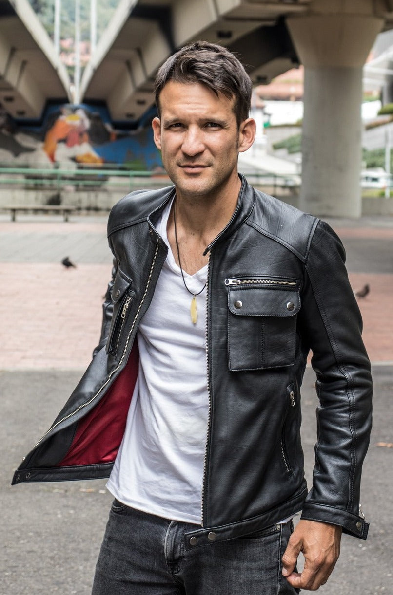 MI6 Leather Jacket - Double Cargo Pockets in  Black