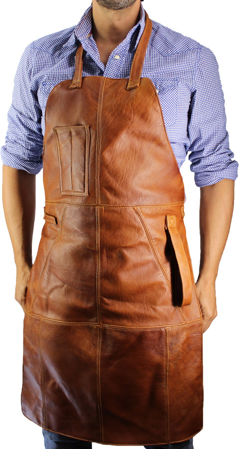 Leather Apron in - Honey Brown Leather BBQ Restaurant fashion Name Initials - PDCollection Leatherwear - Online Shop