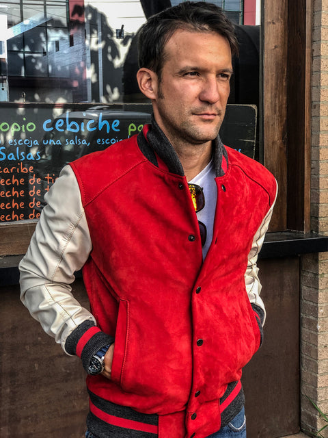 BOSTON Leather Varsity Jacket - Red & Ivory