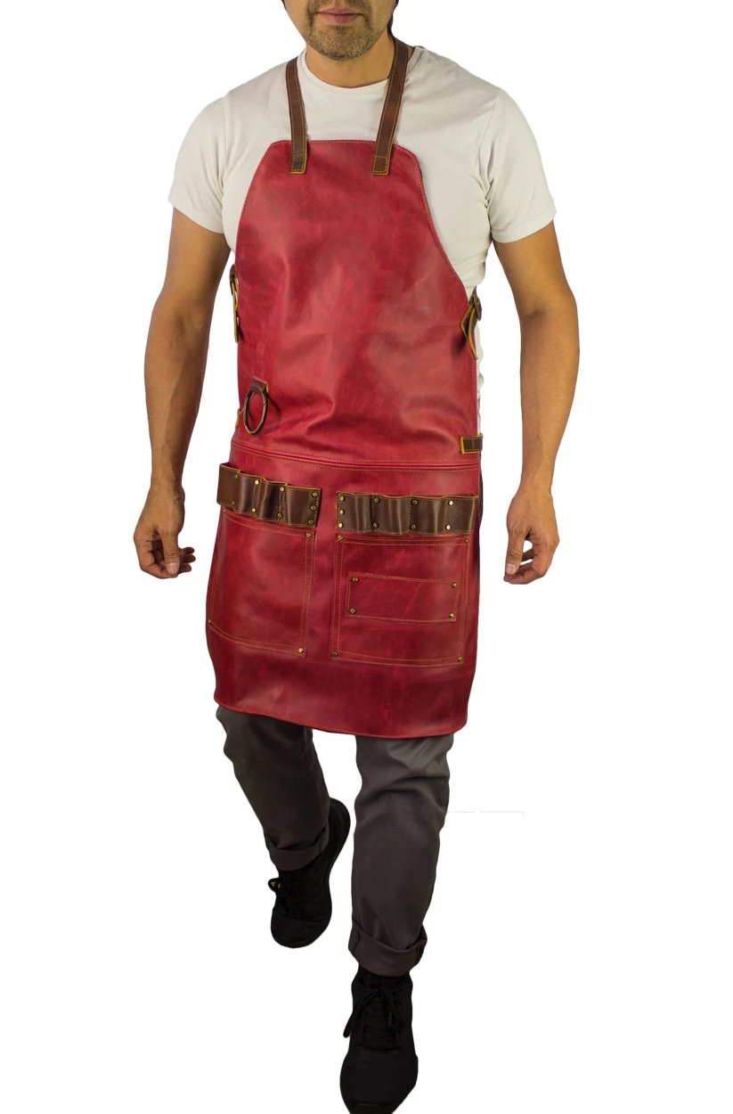 2S Leather Luxury Apron Genuine Leather Red  - Artists, Baristas, BBQ Kitchen Restaurant