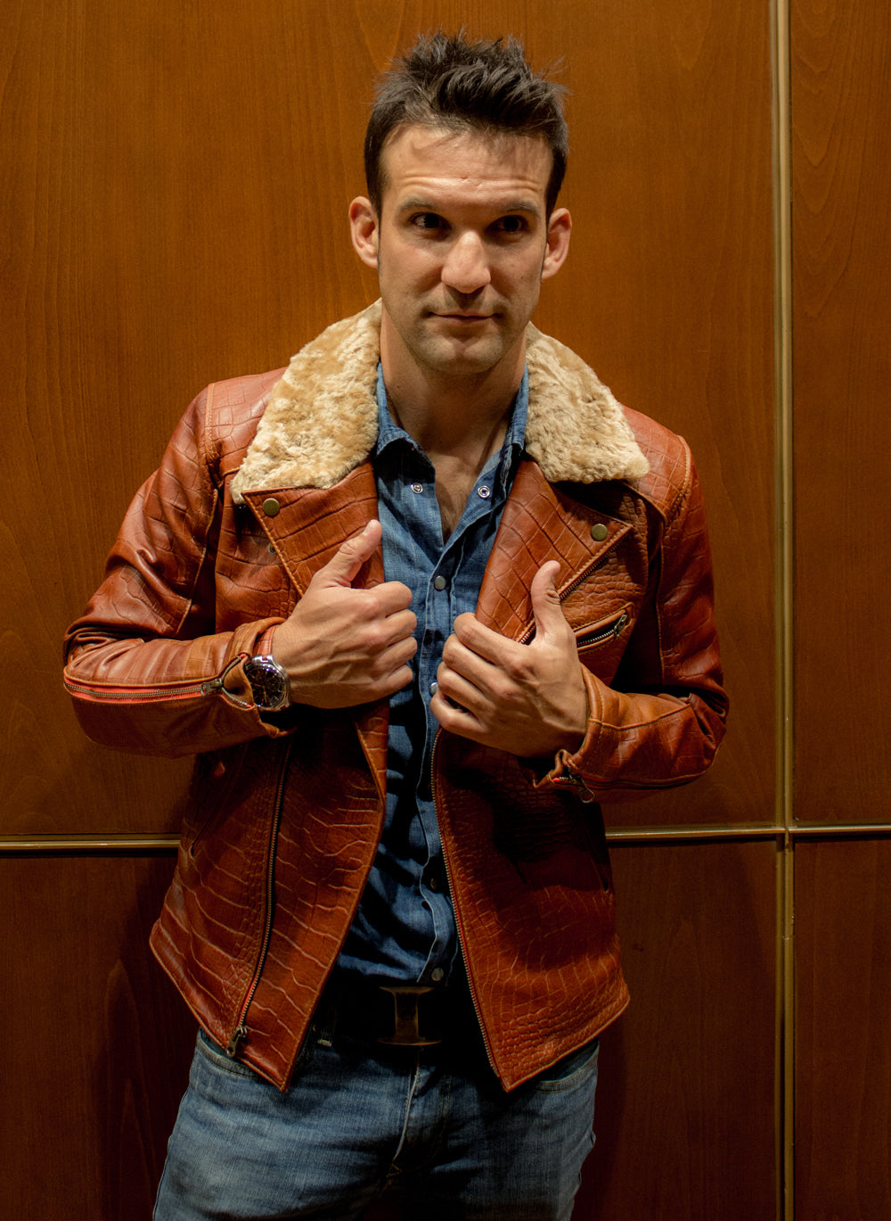 POLO Embossed Leather Jacket Amber Reptile Limited- Shearling - PDCollection Leatherwear - Online Shop