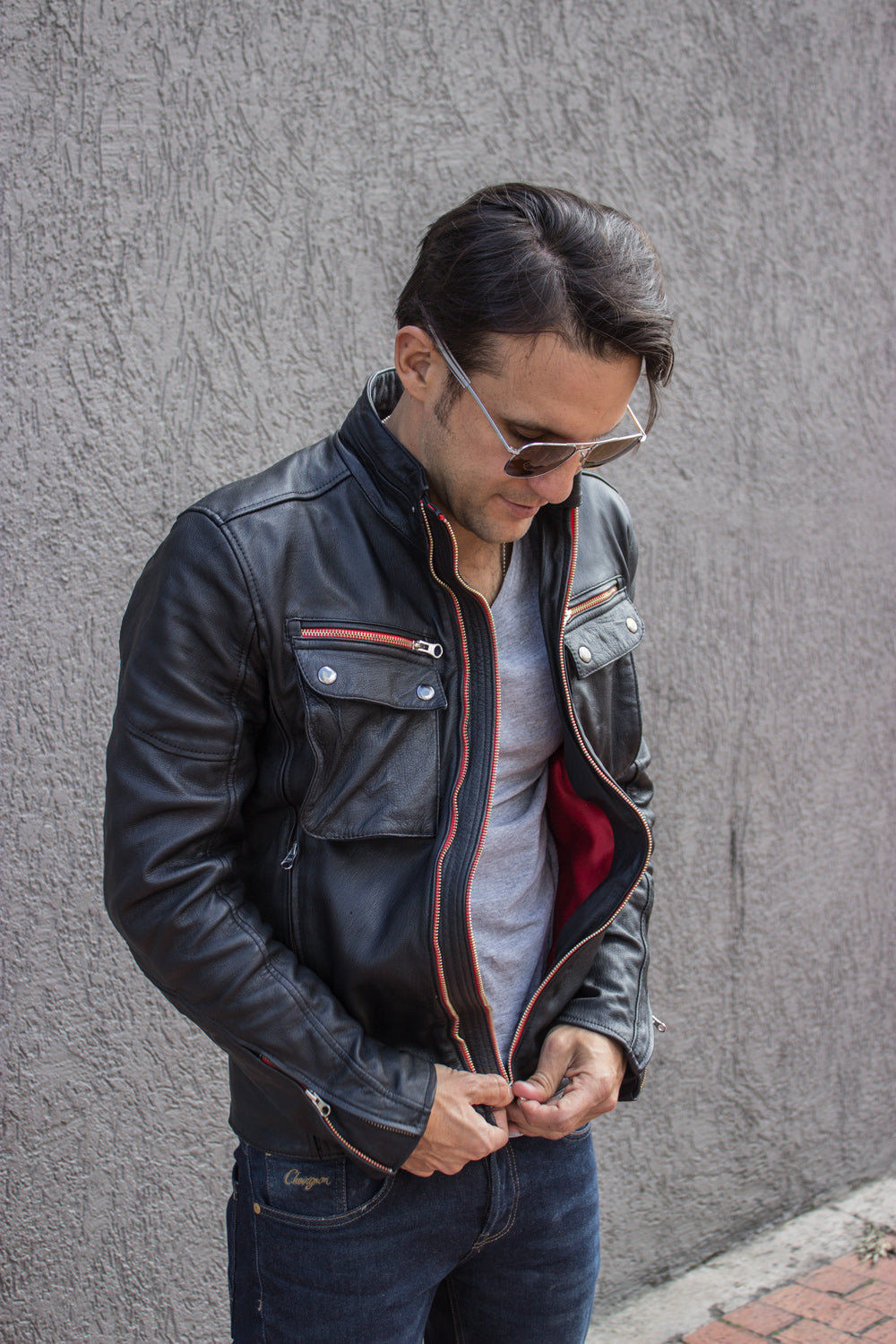 STONE Leather Jacket - Double zip in  Washed Black