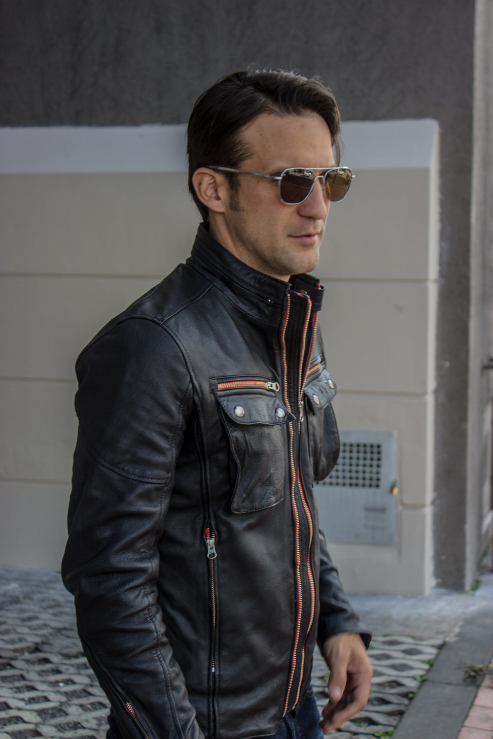 STONE Leather Jacket - Double zip in  Washed Black