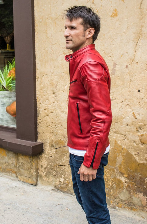 FALLOUT Leather Jacket  Red   - Cafe Racer