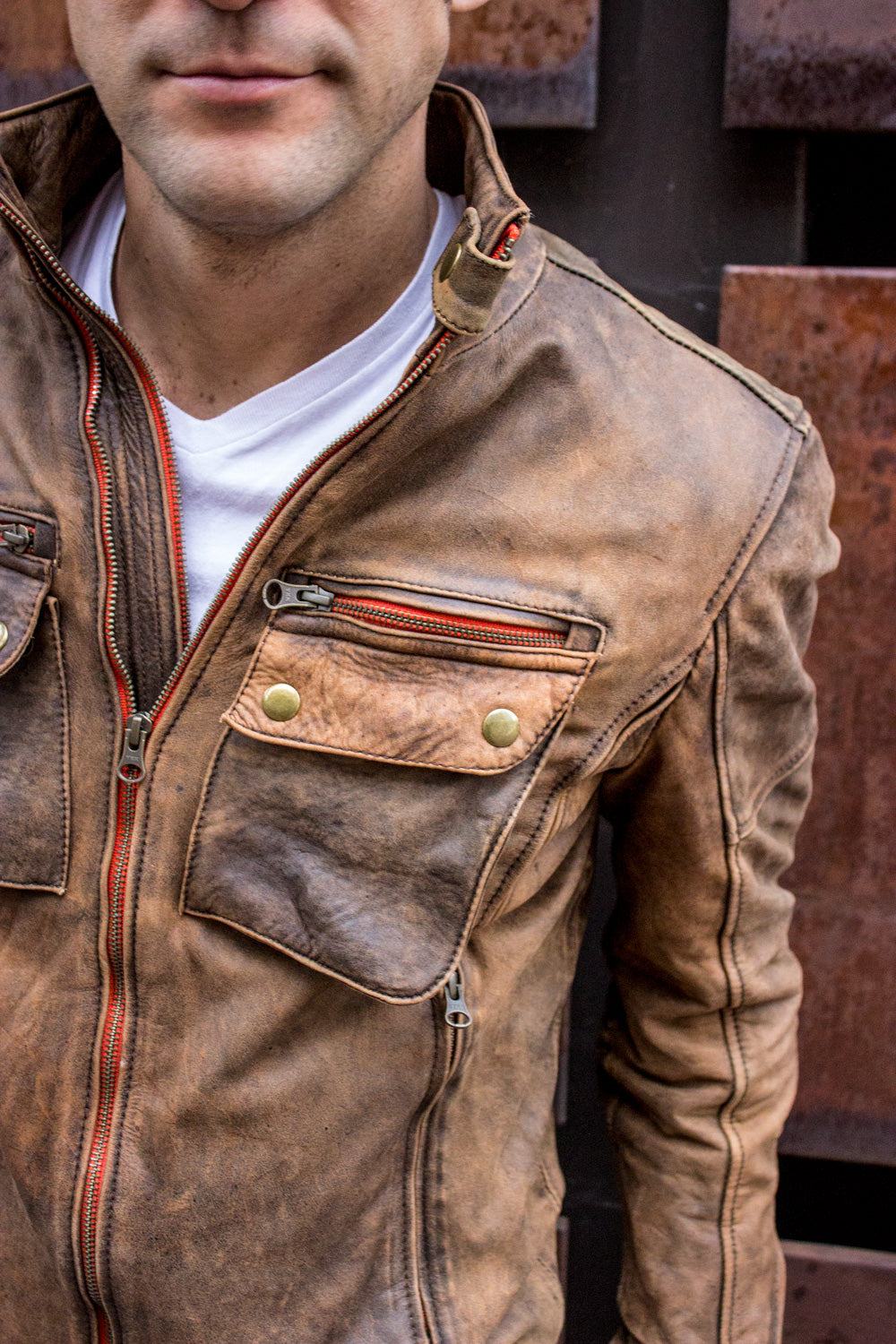 STONE Leather Jacket - Double zip in  Stone Vintage Washed Distressed Color
