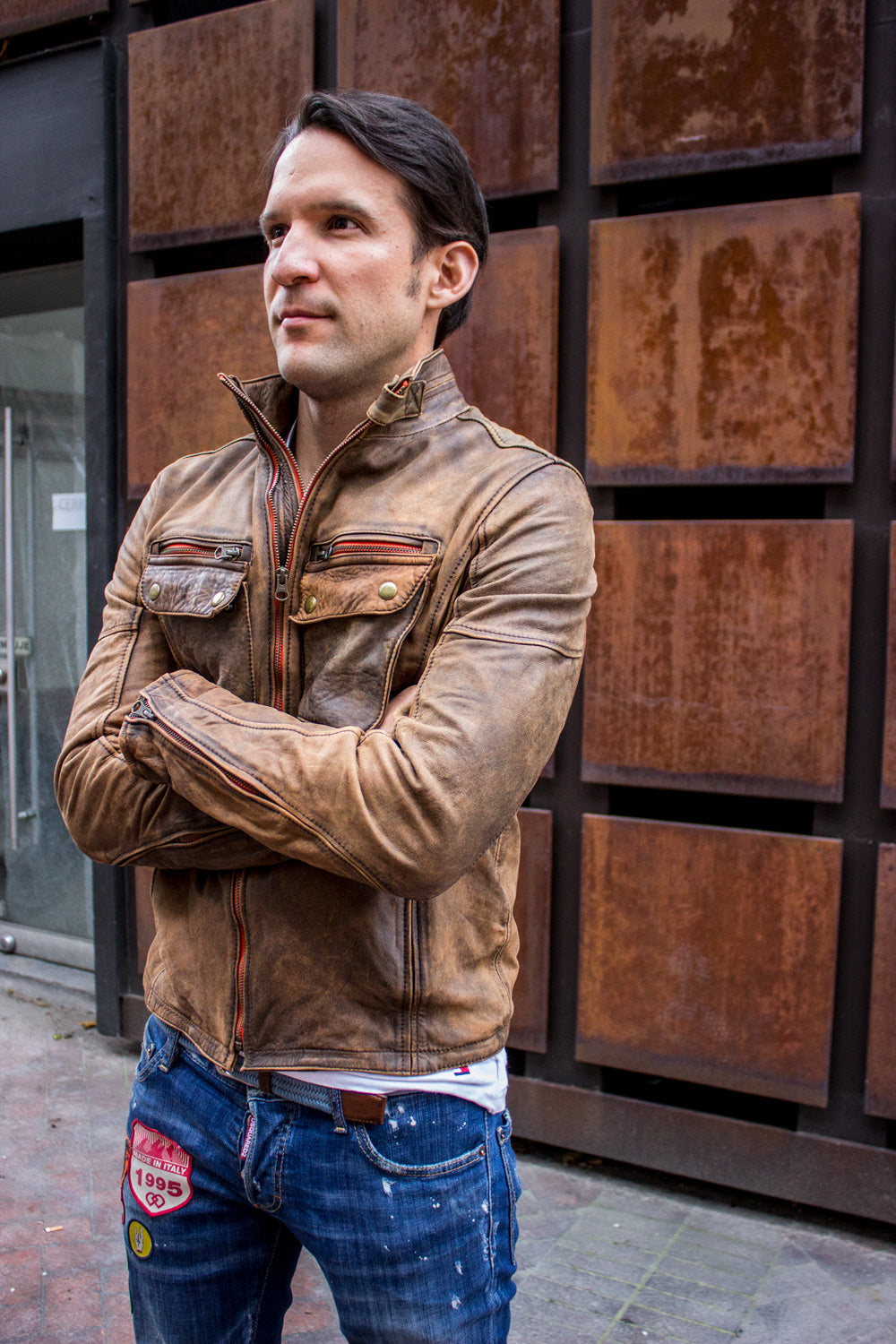 STONE Leather Jacket - Double zip inStone Vintage Washed Distressed Color