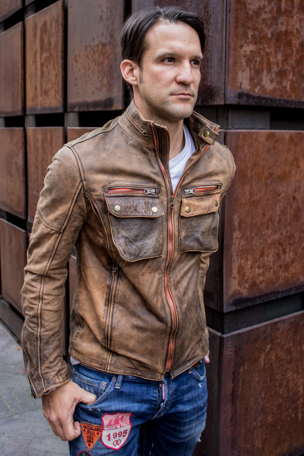 STONE Leather Jacket - Double zip inStone Vintage Washed Distressed Color