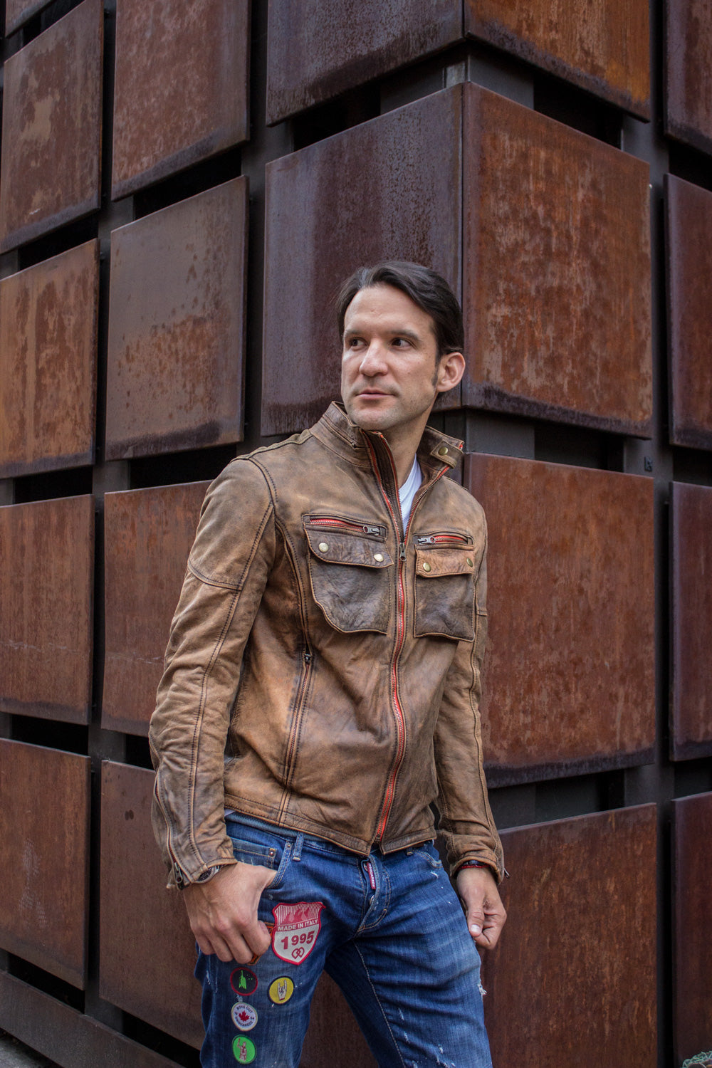 STONE Leather Jacket - Double zip in  Stone Vintage Washed Distressed Color