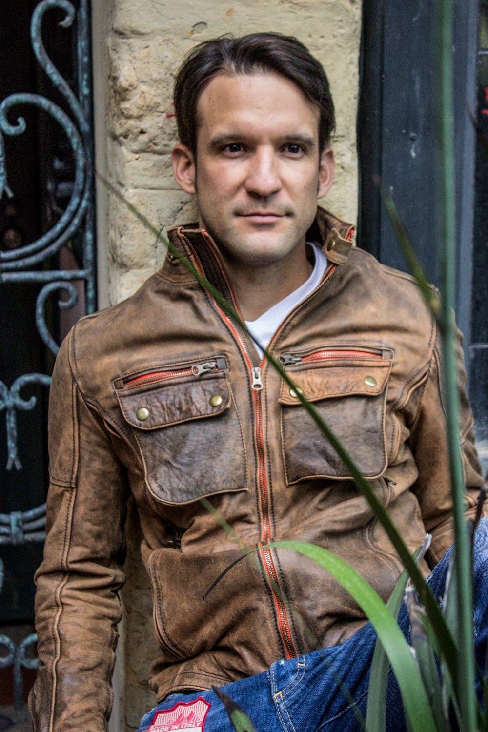 STONE Leather Jacket - Double zip in  Stone Vintage Washed Distressed Color