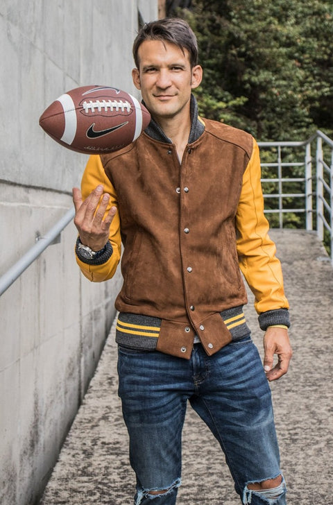 MONTANA Leather Suede Varsity Jacket - Brown & Yellow