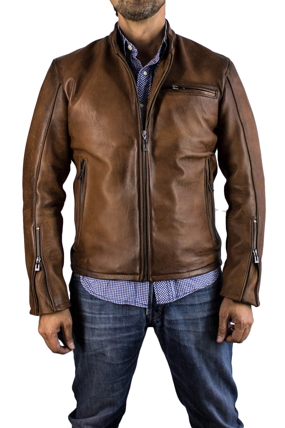 R79 HB Leather Jacket Luxury Cafe Racer Antique Brown Vintage Fit Hand Burnished - PDCollection Leatherwear - Online Shop