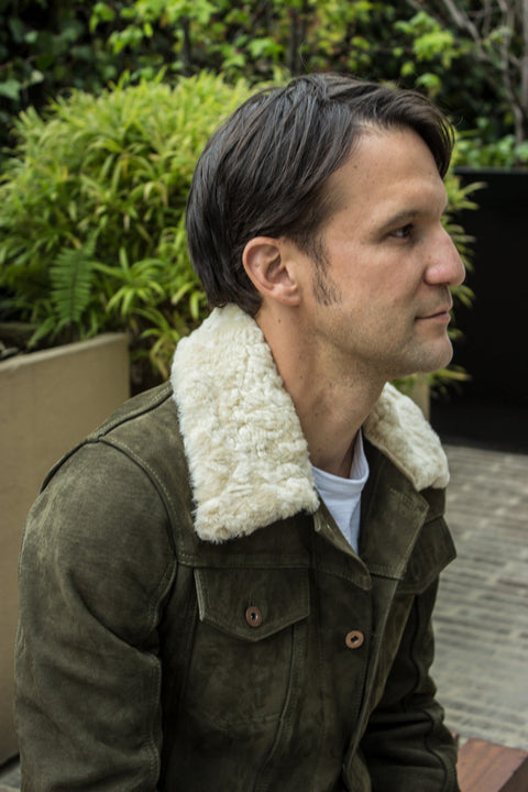 MC DAVE AX Trucker Jacket Shearling Collar in Nubuck Suede - Olive Green  -