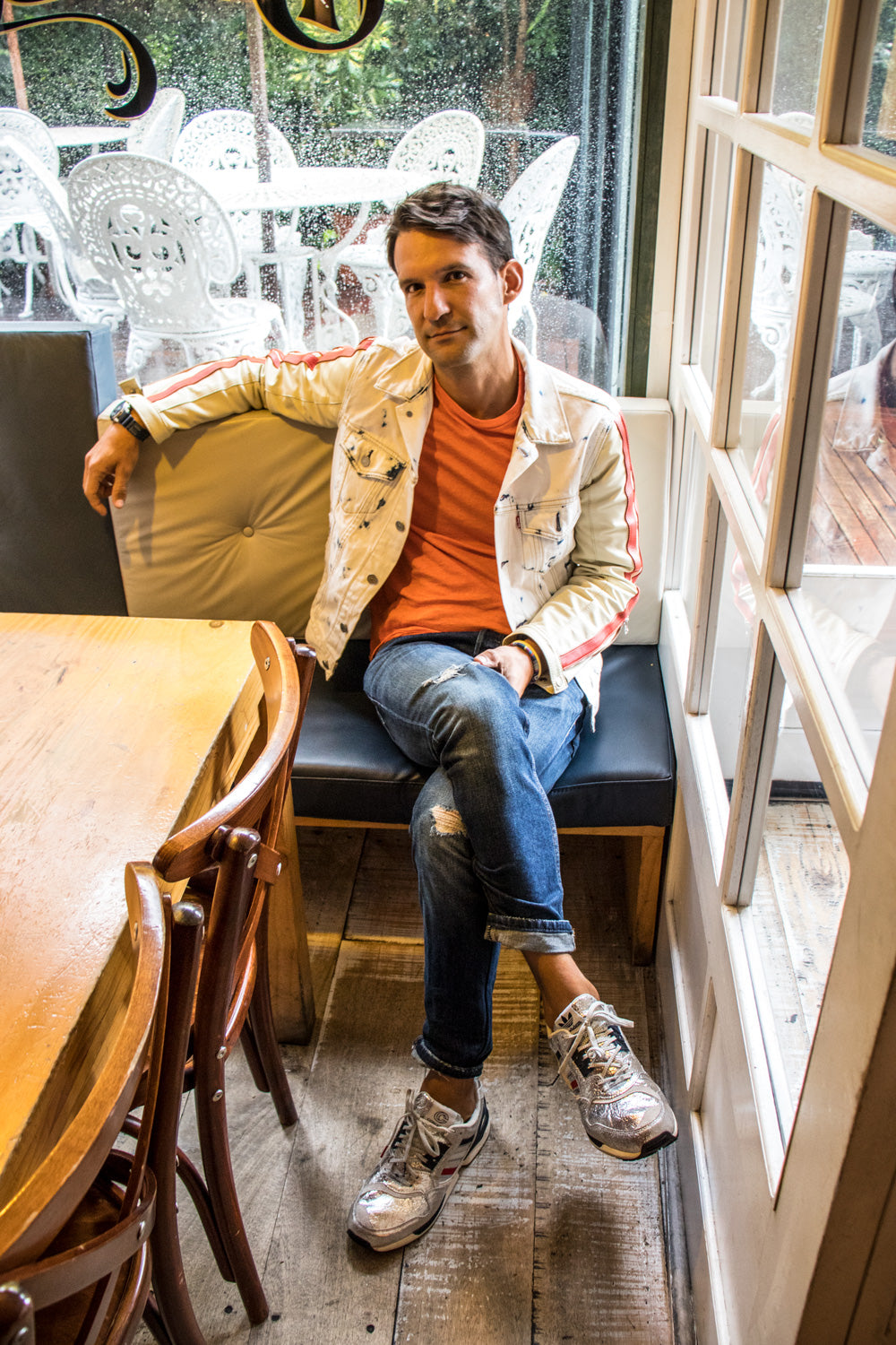 LEVI'S REMAKE- Jean & Leather Jacket White Denim / Cream Leather Sleeves Stripes