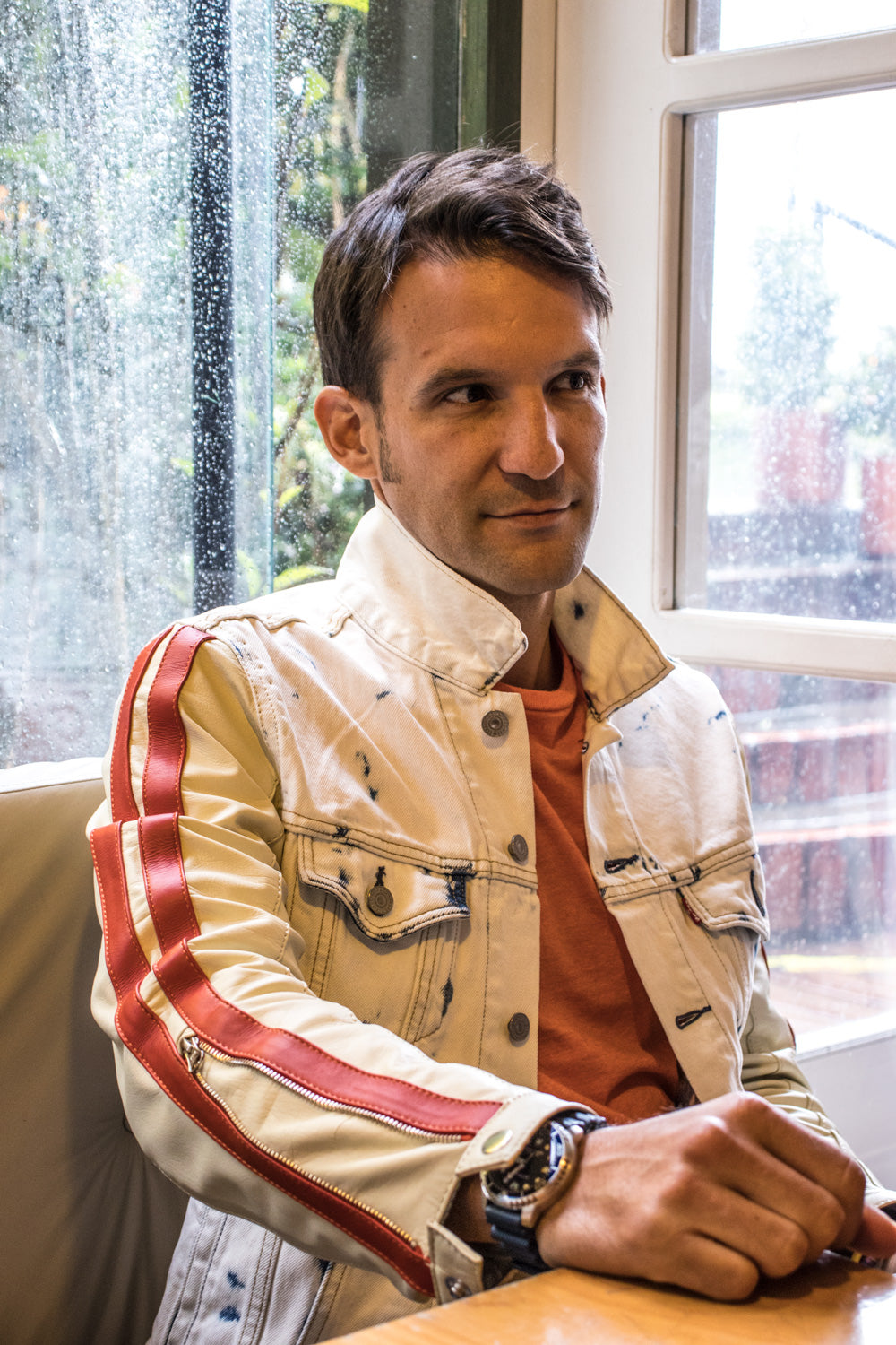 LEVI'S REMAKE- Jean & Leather Jacket White Denim / Cream Leather Sleeves Stripes