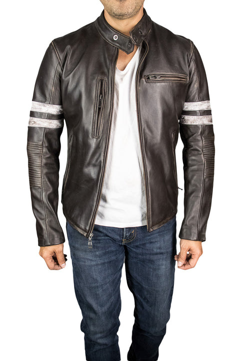 MUSTANG '18 Leather Jacket Distressed Brown - Cafe Racer Stripes - PDCollection Leatherwear - Online Shop