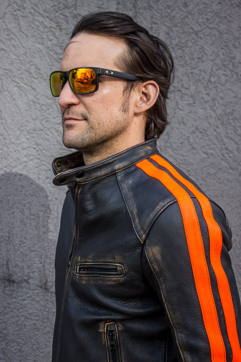R80X Leather Jacket - Vivid Orange Stripes - Washed Distressed Black - Limited