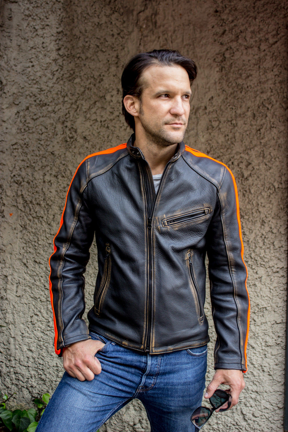 R80X Leather Jacket - Vivid Orange Stripes - Washed Distressed Black ...