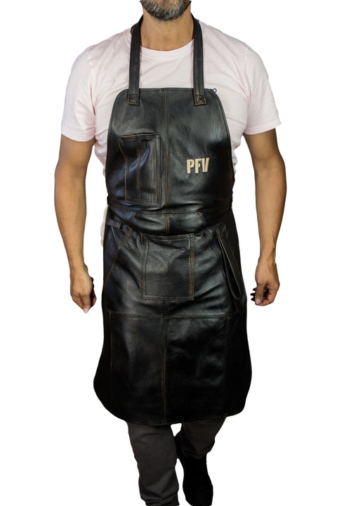 10S BBQ Leather Apron Grilling Distressed Black - Custom Name Initials