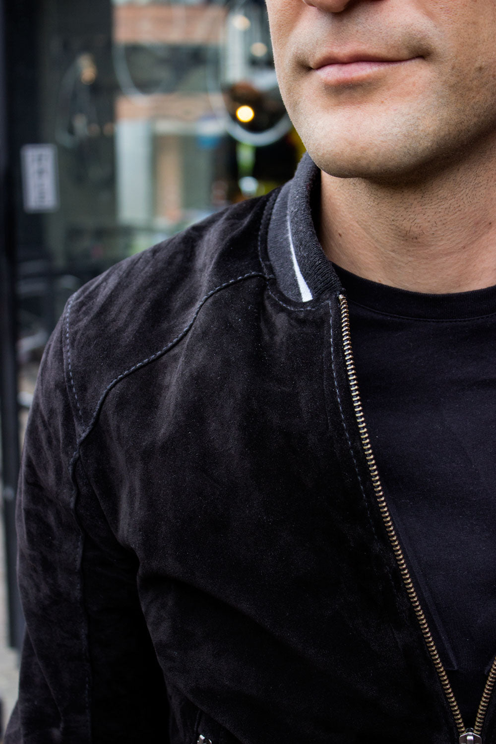CHICAGO Bomber Jacket in Suede - Black - Baseball White Stripes - PDCollection Leatherwear - Online Shop