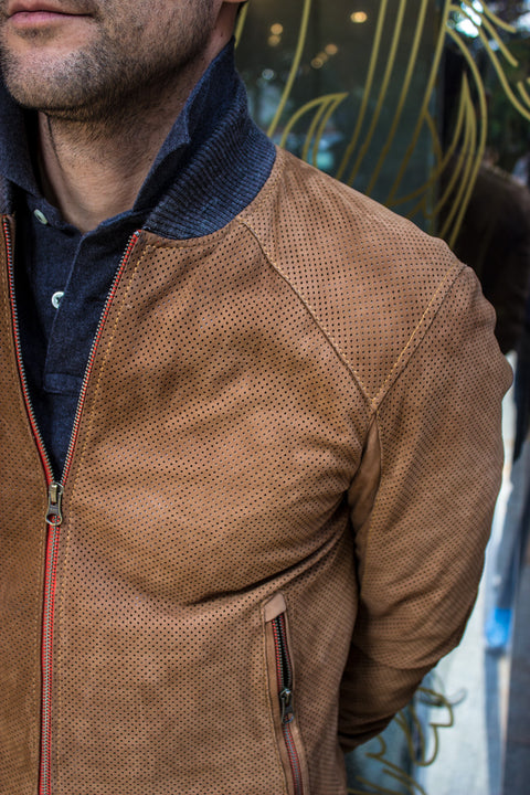 Grand Prix Bomber Jacket in Perforated Suede - Cinnamon Brown