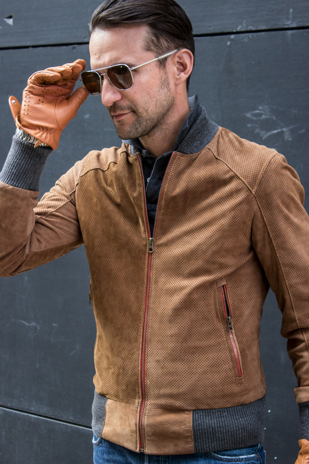 Grand Prix Bomber Jacket in Perforated Suede - Cinnamon Brown