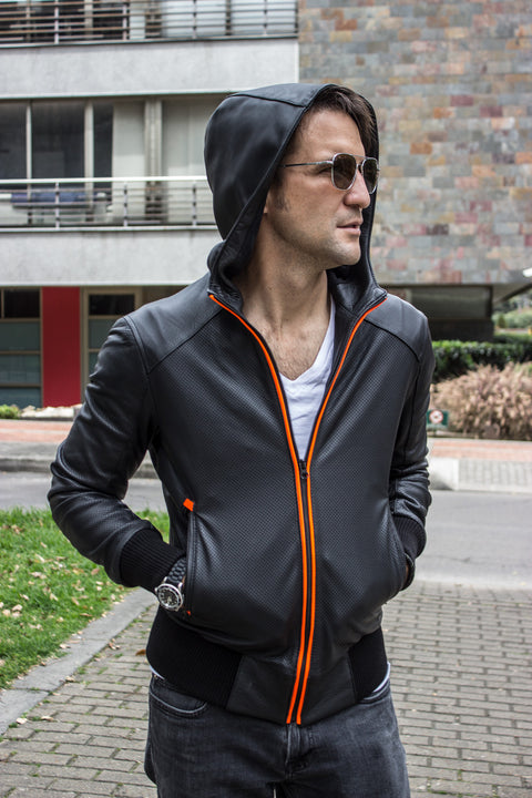 LUXUS HD Leather Jacket Bomber lightweight - Hoody - Perforated - Black