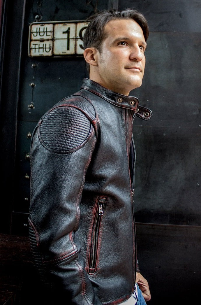 INFERNO Leather Jacket  Distressed Black / Red  - Cafe Racer - PDCollection Leatherwear - Online Shop