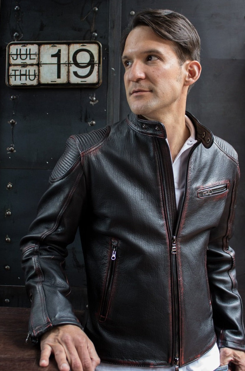 INFERNO Leather Jacket  Distressed Black / Red  - Cafe Racer - PDCollection Leatherwear - Online Shop