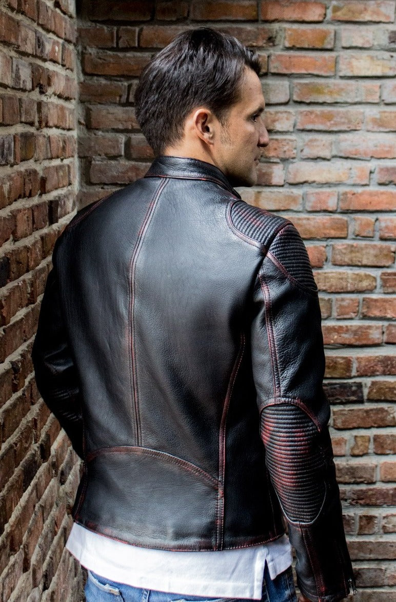 INFERNO Leather Jacket  Distressed Black / Red  - Cafe Racer - PDCollection Leatherwear - Online Shop