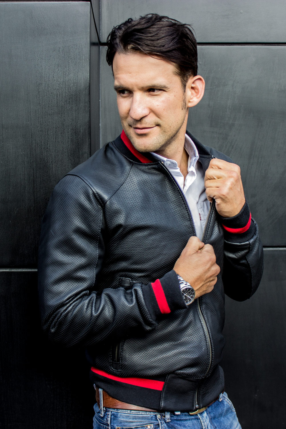 LUXUS Bomber Jacket in Perforated Leather Black - Red Stripe - PDCollection Leatherwear - Online Shop