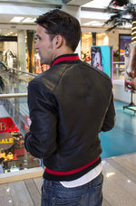 LUXUS Bomber Jacket in Perforated Leather Black - Red Stripe - PDCollection Leatherwear - Online Shop