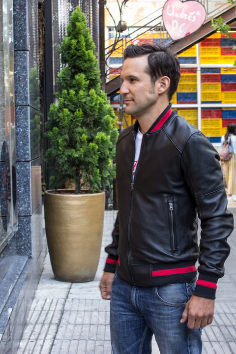 LUXUS P. Bomber Varsity Jacket in Black Leather - Red Stripe - PDCollection Leatherwear - Online Shop