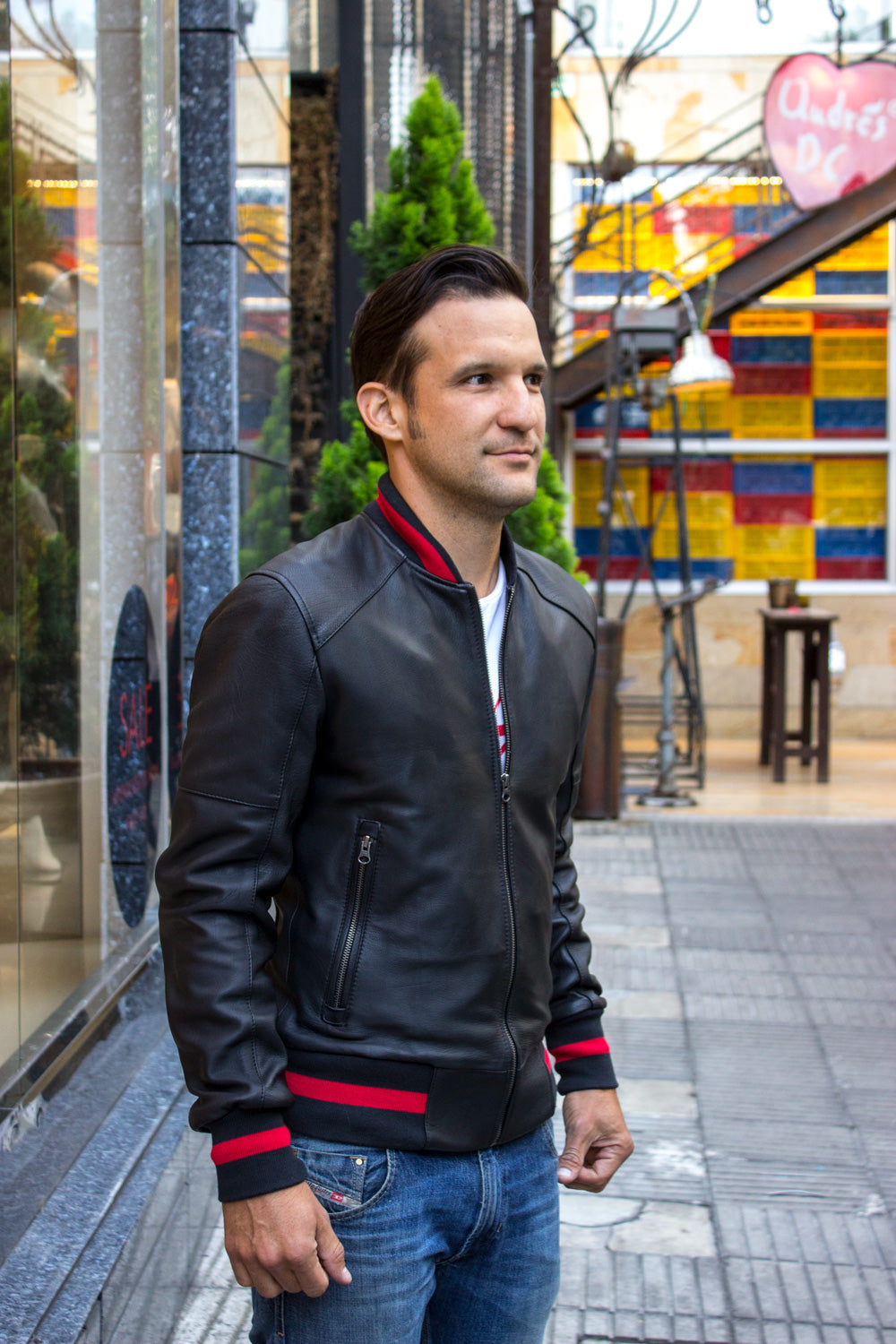 LUXUS P. Bomber Varsity Jacket in Black Leather - Red Stripe - PDCollection Leatherwear - Online Shop